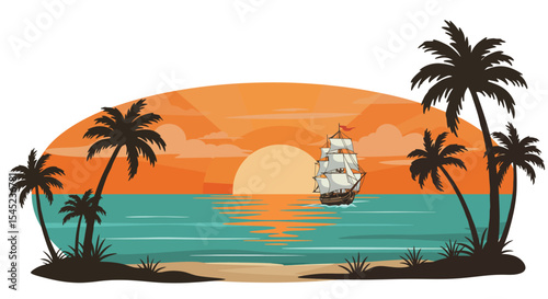 Tropical sunset with sailing ship on ocean adventure scene