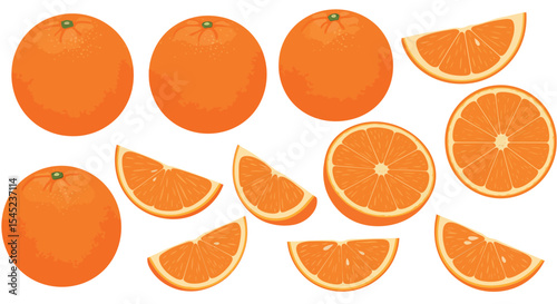 Fresh juicy orange slices and whole oranges for healthy eating and kitchen decor