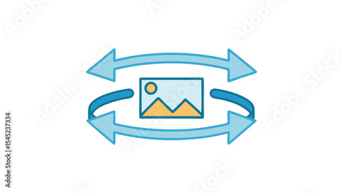 Image rotation with landscape inside frame and curved arrows on a white background design concept