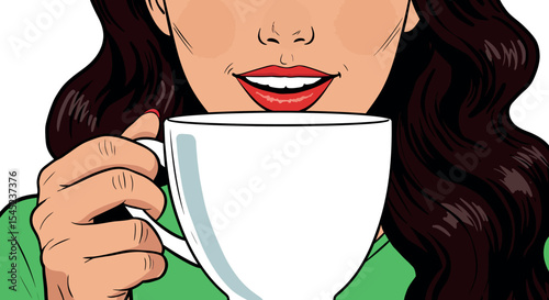 Woman enjoying coffee with relaxed expression in pop art style for lifestyle design