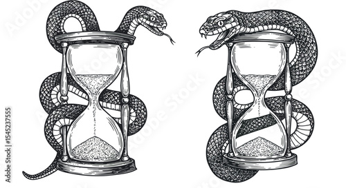 Intricate vintage snake and hourglass design for tattoo art and time symbolism