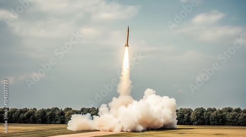 A ballistic missile is seen ascending into the sky, leaving a trail of smoke as it launches from its designated area during a clear day with scattered clouds