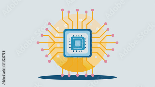 Illustration of a blue and white computer chip with gold connections on a light background design