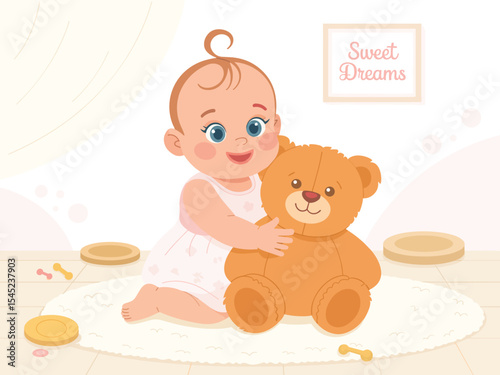 Adorable Baby Girl Hugging Teddy Bear Sweet Dreams Illustration