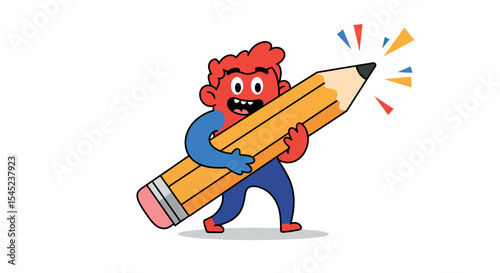 Cartoon character enjoying creativity with giant pencil for art and design inspirations