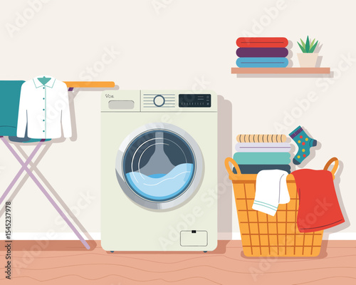 Flat Vector Illustration of Laundry Room with Washer, Drying Rack, and Clothes Basket