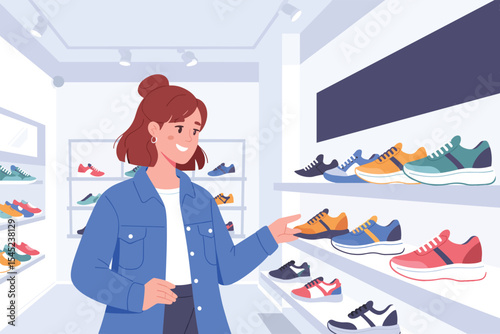 Woman Shopping for Sneakers in Shoe Store A Flat Vector Illustration