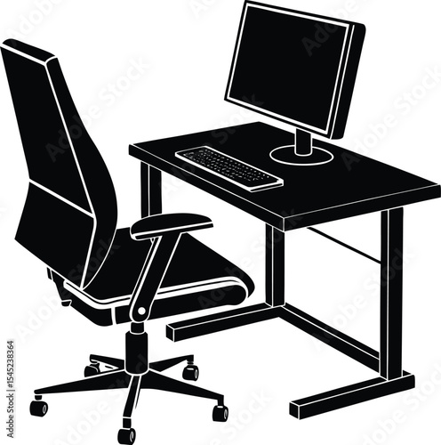 Remote work vector silhouette illustration Ergonomic Setup with Adjustable Chair and Monitor