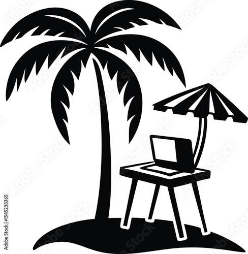 Remote work vector silhouette illustration Beachside Workstation with Laptop and Palm Trees