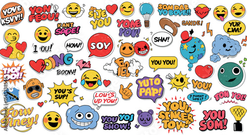 Colorful emoji and text sticker collection for fun designs and creative projects