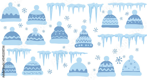 Winter hat collection with icicles and snowflakes for festive holiday designs