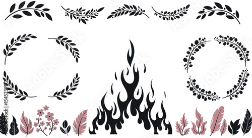 Floral and leaf design elements with flames for decorative art and print use