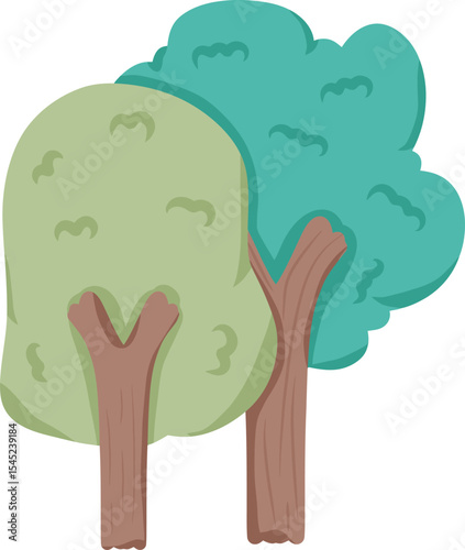 Illustration of Verdant Twins: Two vibrant trees, each a unique shade of green and blue, stand side-by-side, showcasing the beauty of nature's diversity.