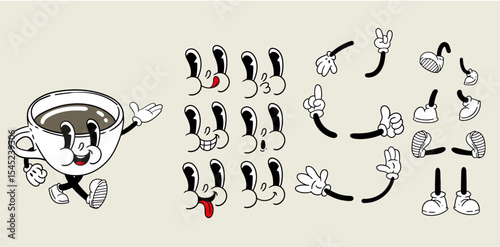 Retro vintage set of cartoon coffee character design elements. Character eyes, hands, and feet. In vector format. Illustrations of glasses with drinks for posters, cards, cafe menus, and graphic desig