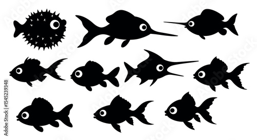 Collection of stylized fish silhouettes for marine-themed design