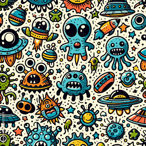 Funny alien, monster, ufo, planets and stars colorful doodle cartoon seamless pattern. Pattern swatch ready in vector color swatch panel. Can be used for interior wallpaper, wrapping paper, poster, wa