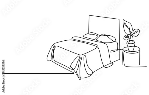 Double bed with the pillows in continuous one line drawing design. Minimalist single line draw, One line drawing illustration of bed. Interior of bedroom concept continuous line art