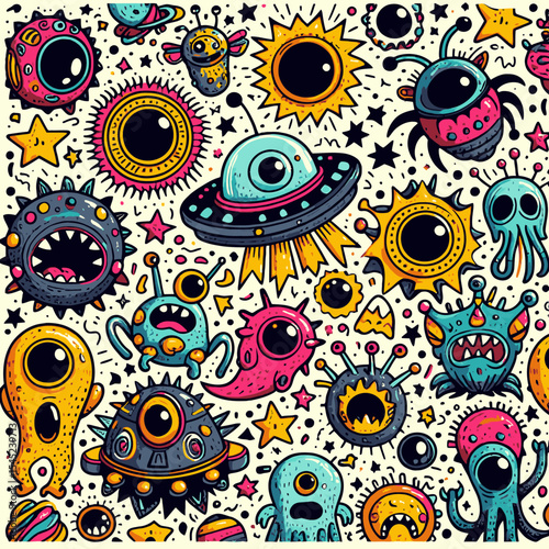 Funny alien, monster, ufo, planets and stars colorful doodle cartoon seamless pattern. Pattern swatch ready in vector color swatch panel. Can be used for interior wallpaper, wrapping paper, poster, wa
