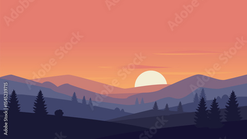 Scenic sunset over mountain peaks with warm glowing sky 
