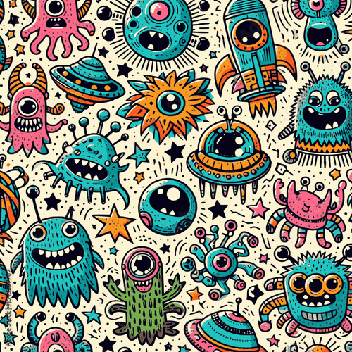 Funny alien, monster, ufo, planets and stars colorful doodle cartoon seamless pattern. Pattern swatch ready in vector color swatch panel. Can be used for interior wallpaper, wrapping paper, poster, wa