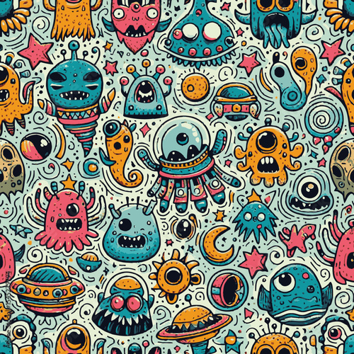 Funny alien, monster, ufo, planets and stars colorful doodle cartoon seamless pattern. Pattern swatch ready in vector color swatch panel. Can be used for interior wallpaper, wrapping paper, poster, wa