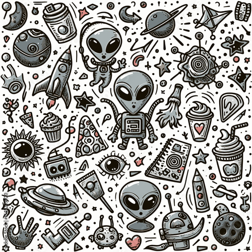 Funny alien, monster, ufo, planets and stars colorful doodle cartoon seamless pattern. Pattern swatch ready in vector color swatch panel. Can be used for interior wallpaper, wrapping paper, poster, wa