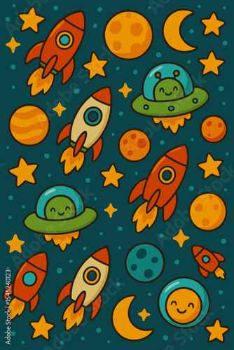 Funny alien, monster, ufo, planets and stars colorful doodle cartoon seamless pattern. Pattern swatch ready in vector color swatch panel. Can be used for interior wallpaper, wrapping paper, poster, wa