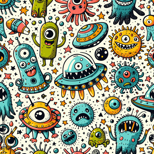 Funny alien, monster, ufo, planets and stars colorful doodle cartoon seamless pattern. Pattern swatch ready in vector color swatch panel. Can be used for interior wallpaper, wrapping paper, poster, wa