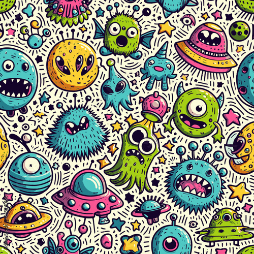 Funny alien, monster, ufo, planets and stars colorful doodle cartoon seamless pattern. Pattern swatch ready in vector color swatch panel. Can be used for interior wallpaper, wrapping paper, poster, wa