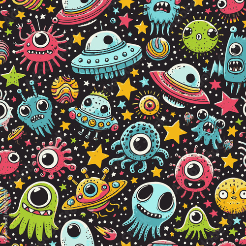 Funny alien, monster, ufo, planets and stars colorful doodle cartoon seamless pattern. Pattern swatch ready in vector color swatch panel. Can be used for interior wallpaper, wrapping paper, poster, wa