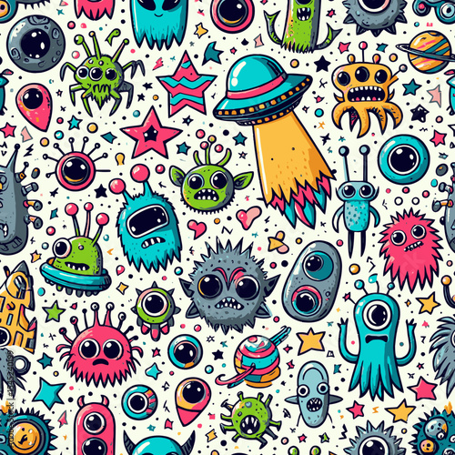 Funny alien, monster, ufo, planets and stars colorful doodle cartoon seamless pattern. Pattern swatch ready in vector color swatch panel. Can be used for interior wallpaper, wrapping paper, poster, wa