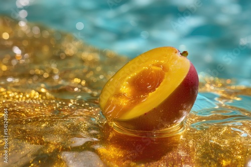 A mango half submerged in a pool of golden honey