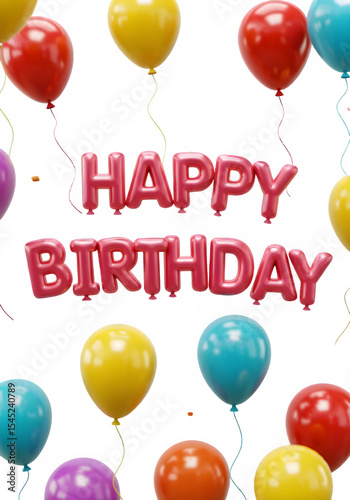 Colorful birthday celebration with red balloon text 