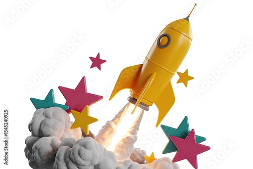 Cartoon illustration of a yellow rocket launching amidst colorful stars and clouds on a white background depicting progress and success photo