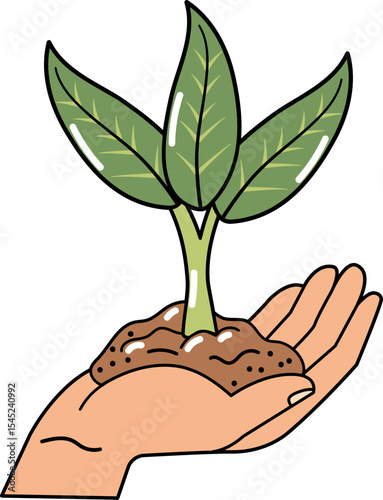 Nurturing Nature's Growth: A hand delicately cradles a young plant sprouting from the soil, symbolizing new beginnings, growth, and environmental stewardship. 
