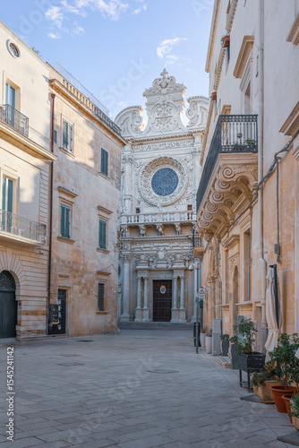 Carved stone decor of baroque facade of Basilica di Santa Croce catholic church, Lecce, Italy