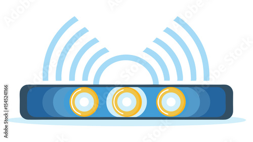 Illustration of a blue router with three yellow circles and light blue wifi waves above it on white