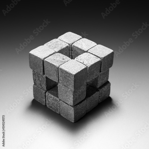 Minimalist abstract still life of 3D shape composed of stone cubes in harsh light with deep shadows