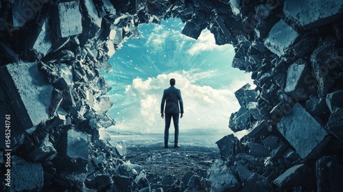 A man standing in a hole, looking out at a vast, open landscape with a blue sky and clouds, surrounded by broken stone walls and a rocky ground.
