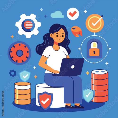 Woman Working on Laptop with Data Security and Privacy Icons