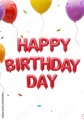 Colorful birthday celebration with red balloon text 