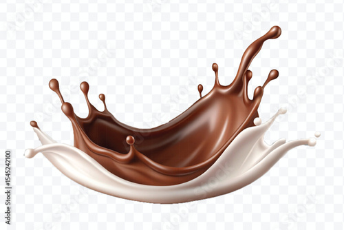abstract 3d smooth liquid chocolate with white milk splash in crown style isolated on transparent background	
