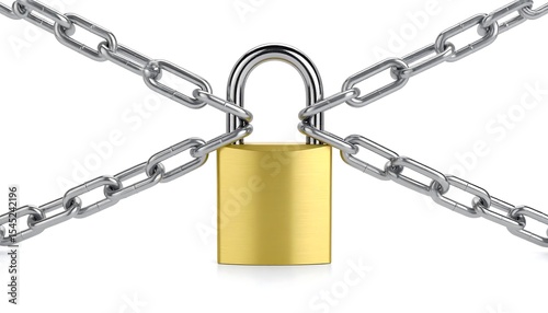 Golden padlock locked by chains on white.