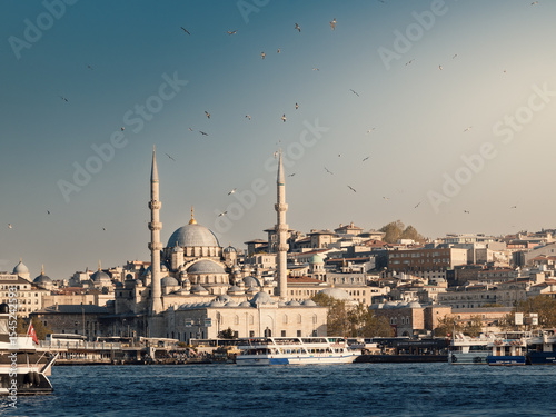Residential district on shore of Golden Horn bay with Yeni Camii mosque, Istanbul, Turkey