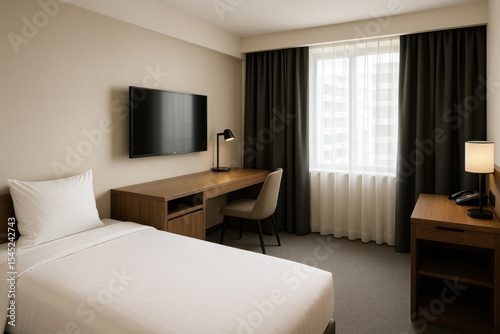Bed with white linens, desk with chair, and TV in hotel room.