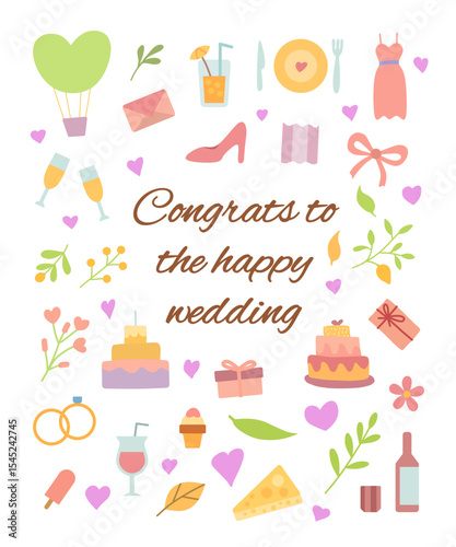 Flat Pastel Wedding Icons with Love Elements and Congrats Lettering