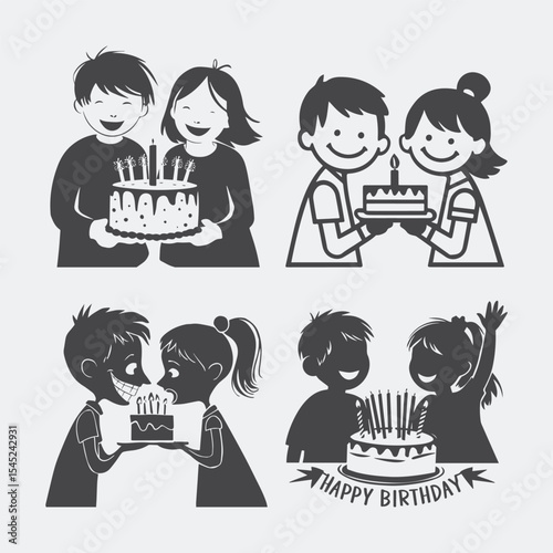 set of kids with birthday cake