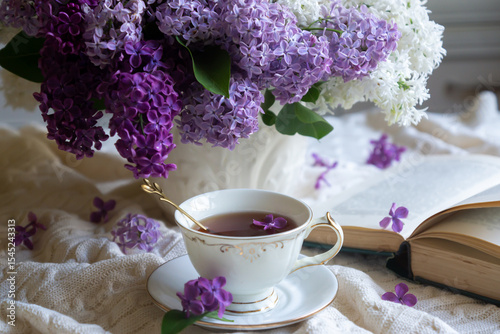 Canvas Print A bouquet of lilacs on the table and a cup of tea.