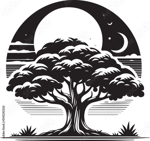 Nighttime Tranquility: A detailed black and white image captures a majestic tree at night. A crescent moon shines from behind a large, silhouetted tree, creating a serene and magical scene.