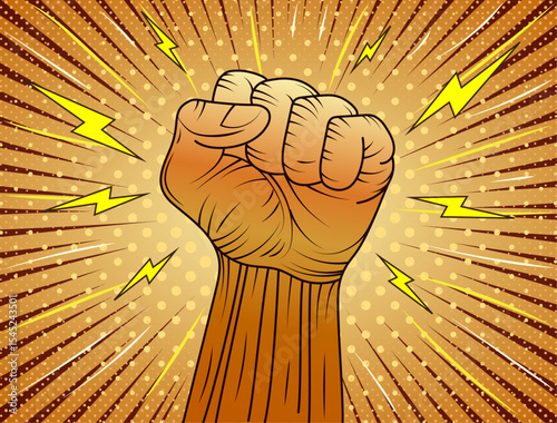A powerful raised fist illustrated in retro comic pop art styles with dynamic lightning bolts and exploding backgrounds. Symbol of resistance, empowerment, strength, revolution and motivational media.